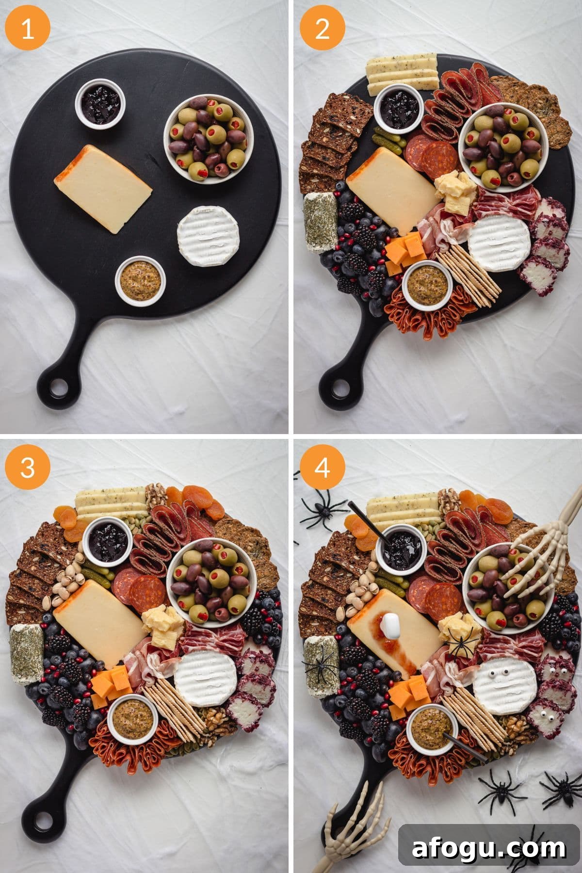 Numbered photo collage showing a Halloween charcuterie board being assembled.