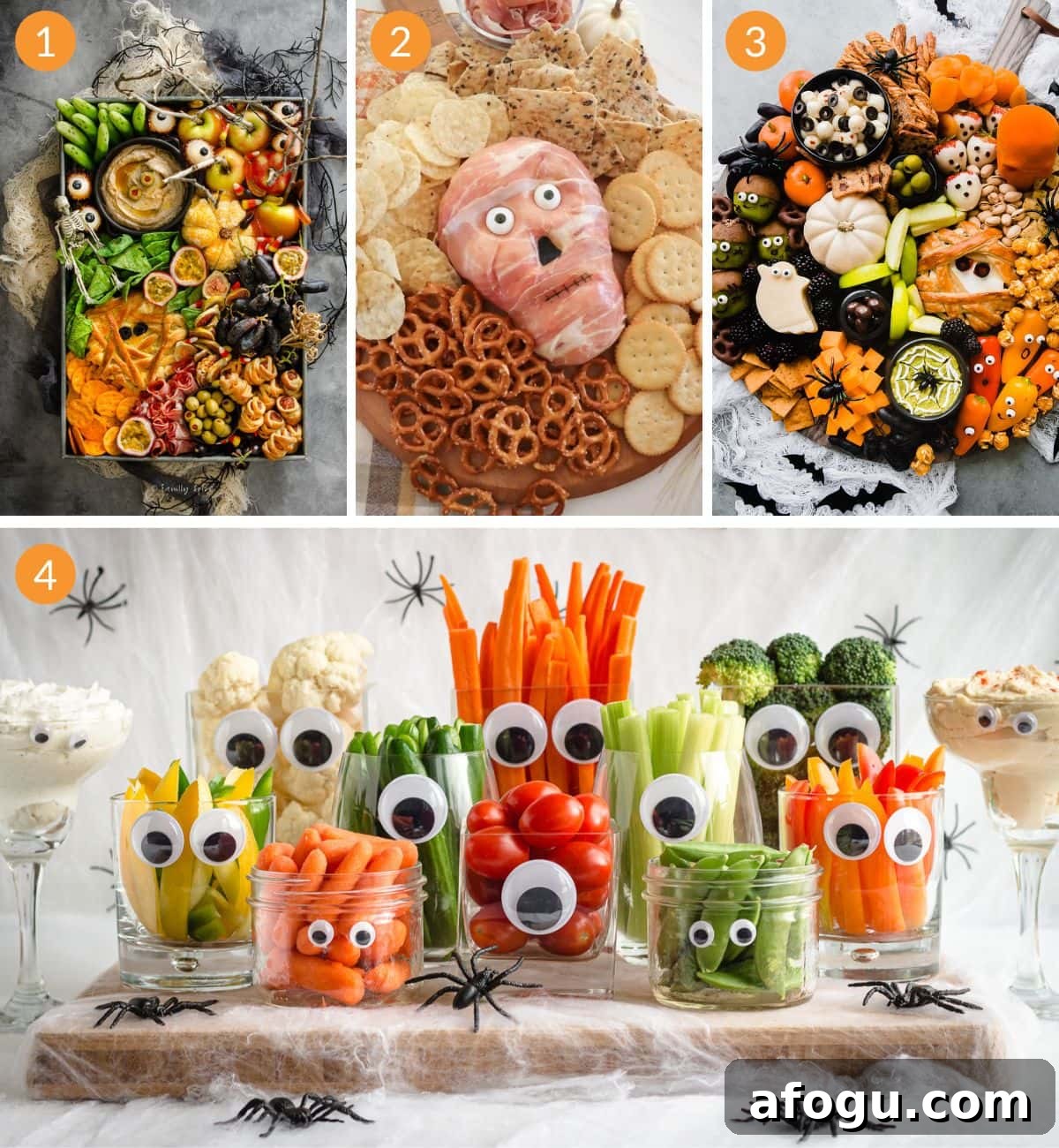Numbered photo collage of Halloween charcuterie board ideas.