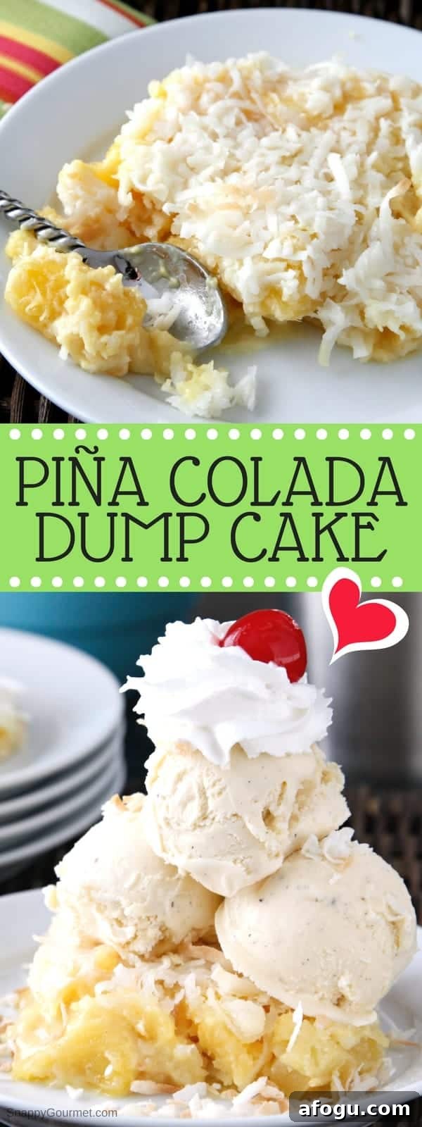 Pina Colada Dump Cake - easy dump cake recipe with pineapple, coconut, and rum. SnappyGourmet.com