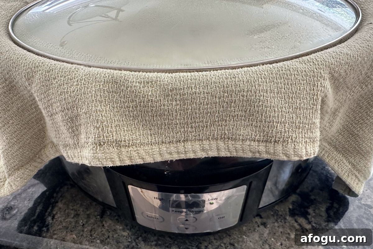 Gluten-Free Slow Cooker Chocolate Lava Cake Recipe 5 A kitchen towel over the slow cooker, but under the lid to catch condensation.