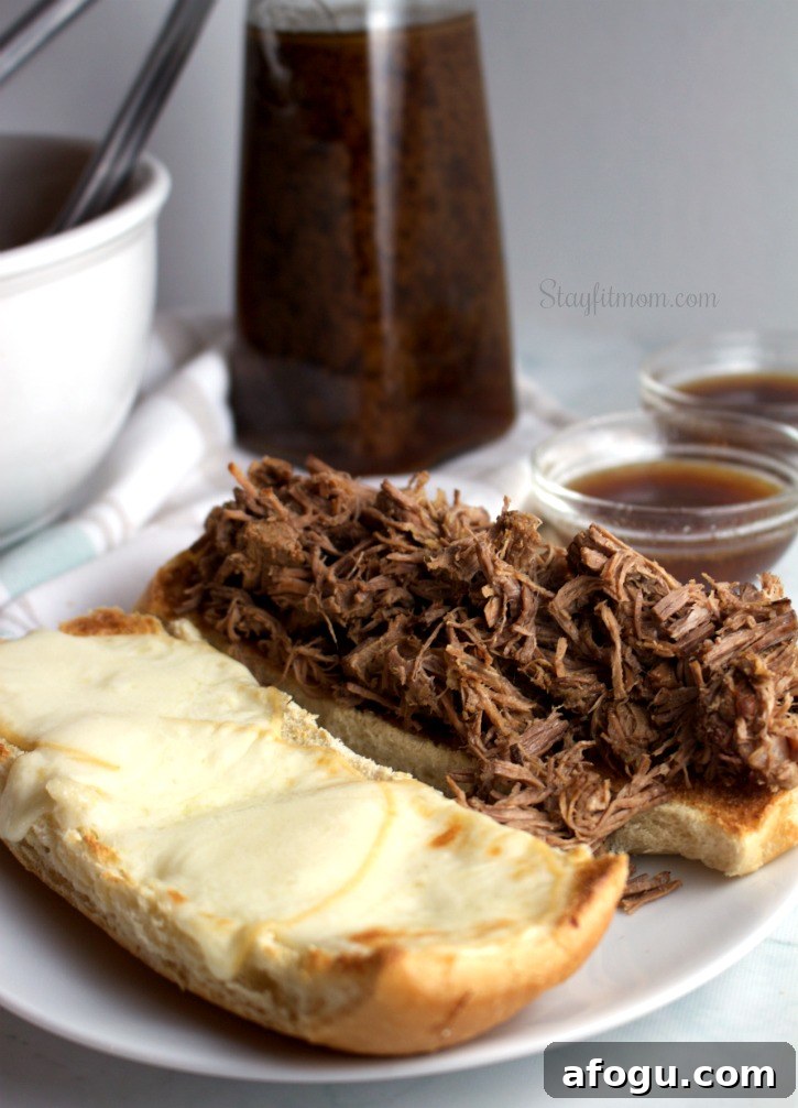 Tender, juicy, macro friendly French dip sandwiches in the Instant Pot or slow cooker.