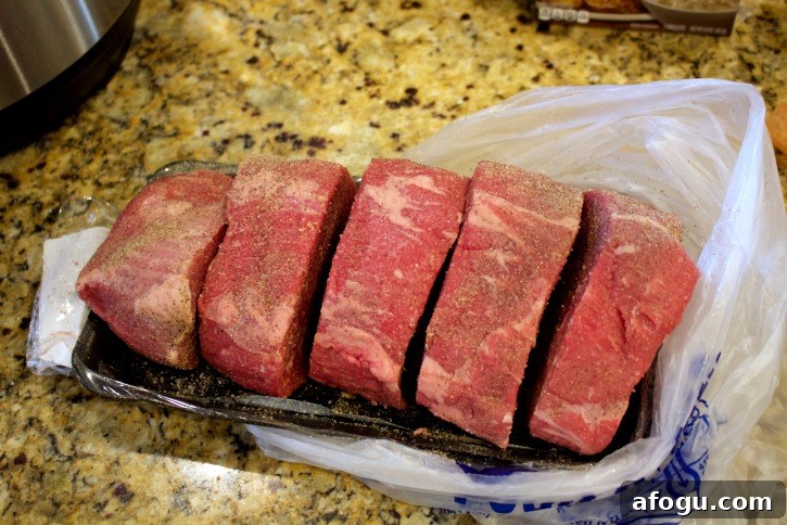 Roast beef being prepared