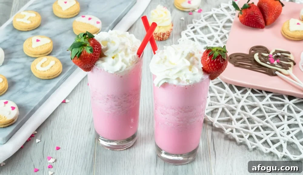 Strawberry ice cream milkshake with whipped cream and fresh strawberry garnish.