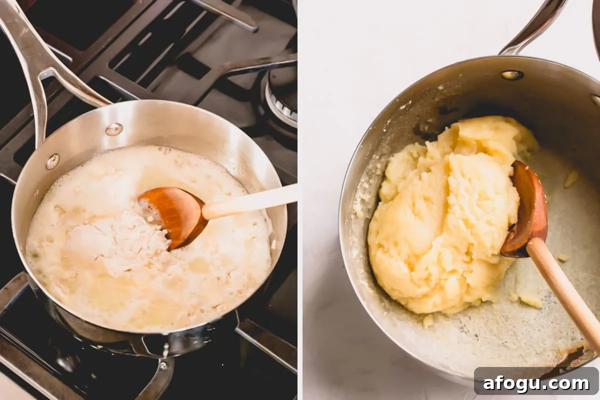 Dough ingredients being combined in a pot on the stove.