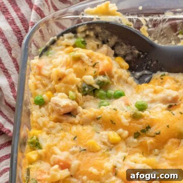 Baked Chicken and rice casserole in glass baking dish.