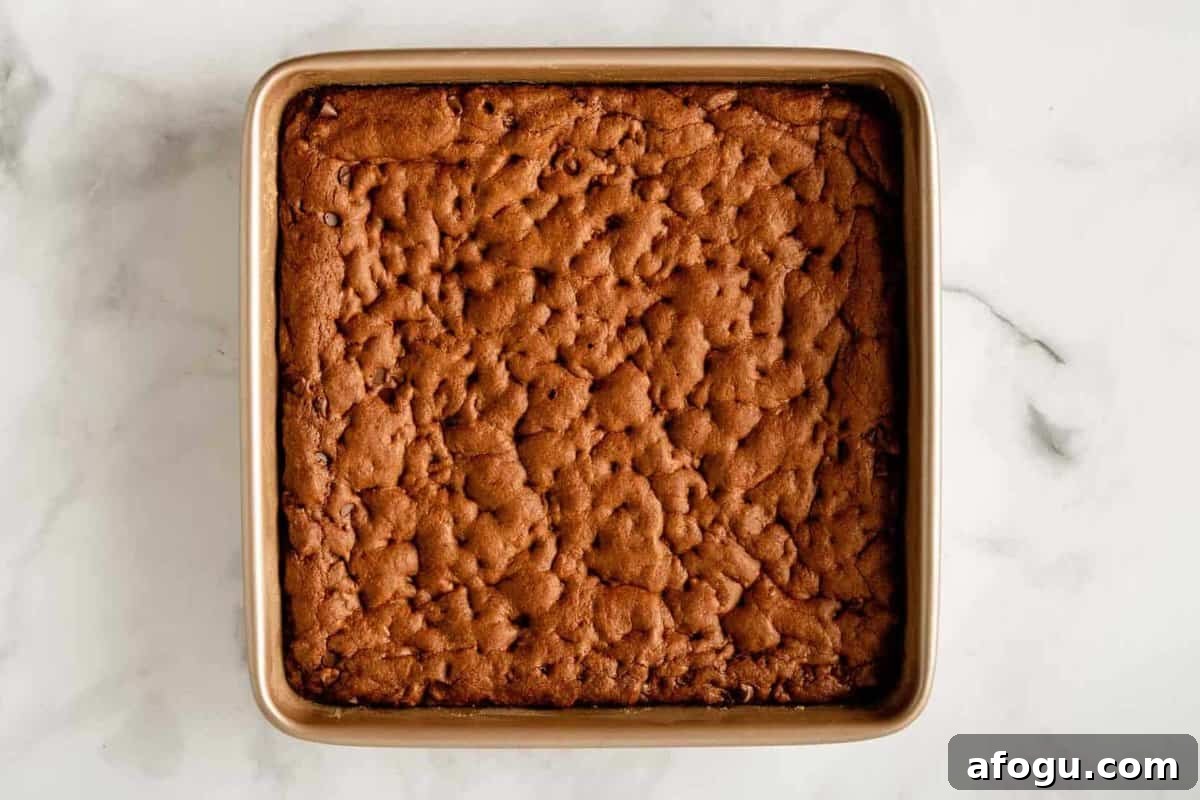 Cake mix brownies in pan after baking.
