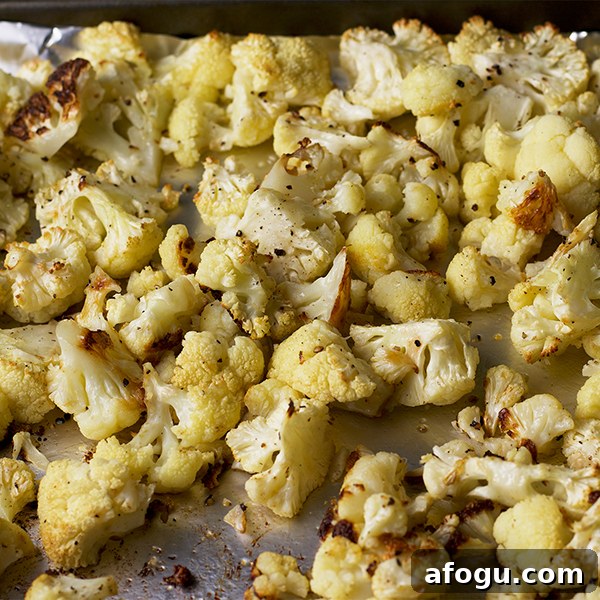 A pan of roasted cauliflower florets.