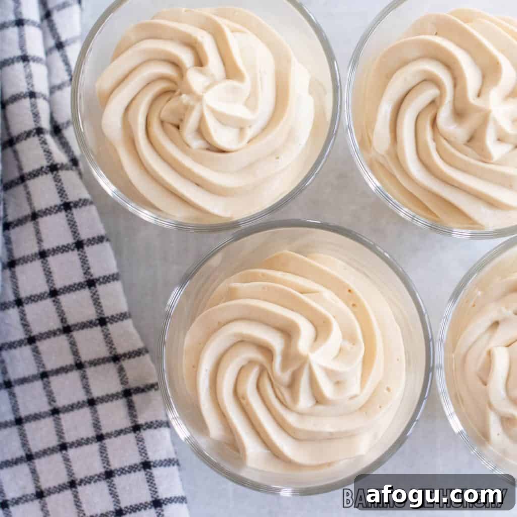 overhead close up of 4 glasses with the caramel mousse recipe