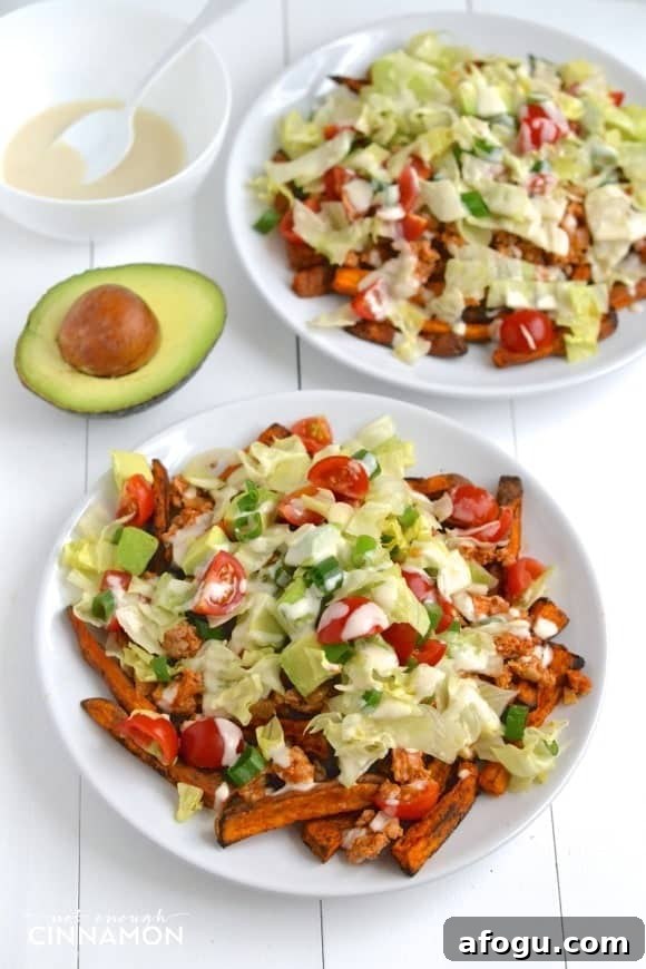 overhead of two bowls of Loaded Baked Sweet Potato Fries topped with fried, taco seasoned ground turkey, tahini sauce and salsa