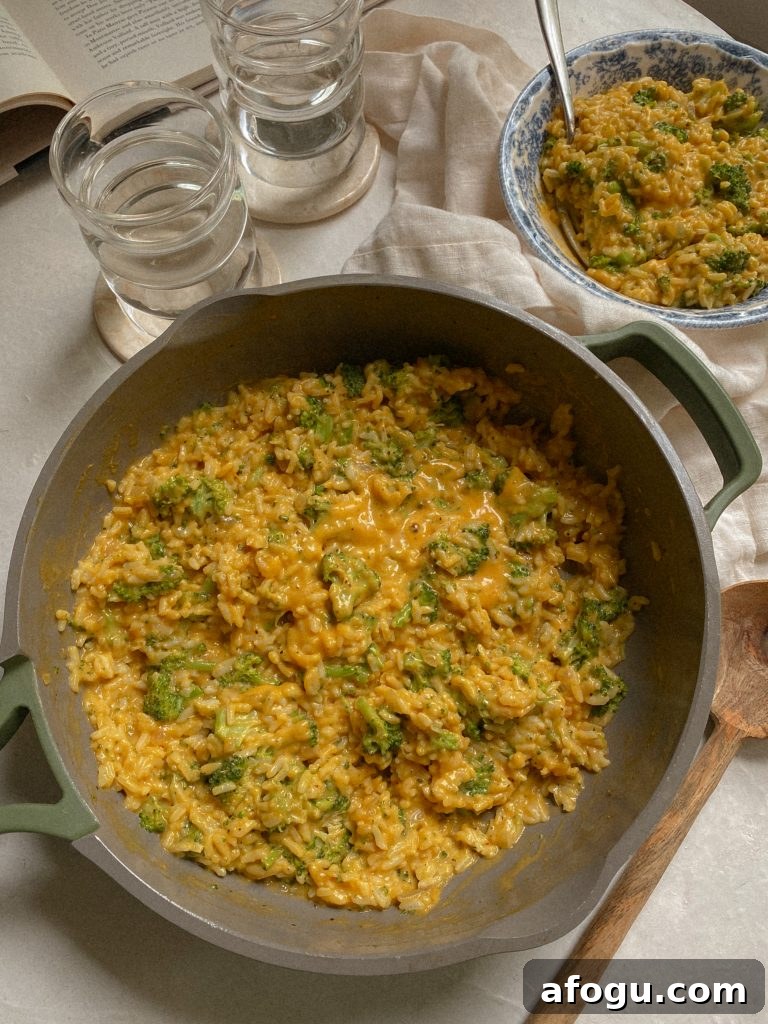 A Pot of Cheesy Vegan Rice with Broccoli