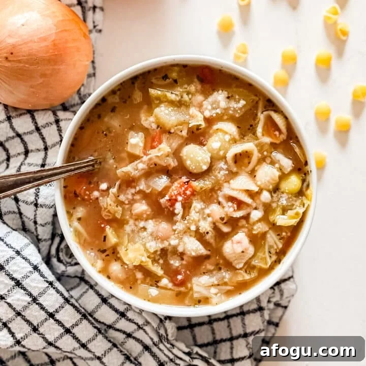 An overhead image of a bowl of minestrone soup.