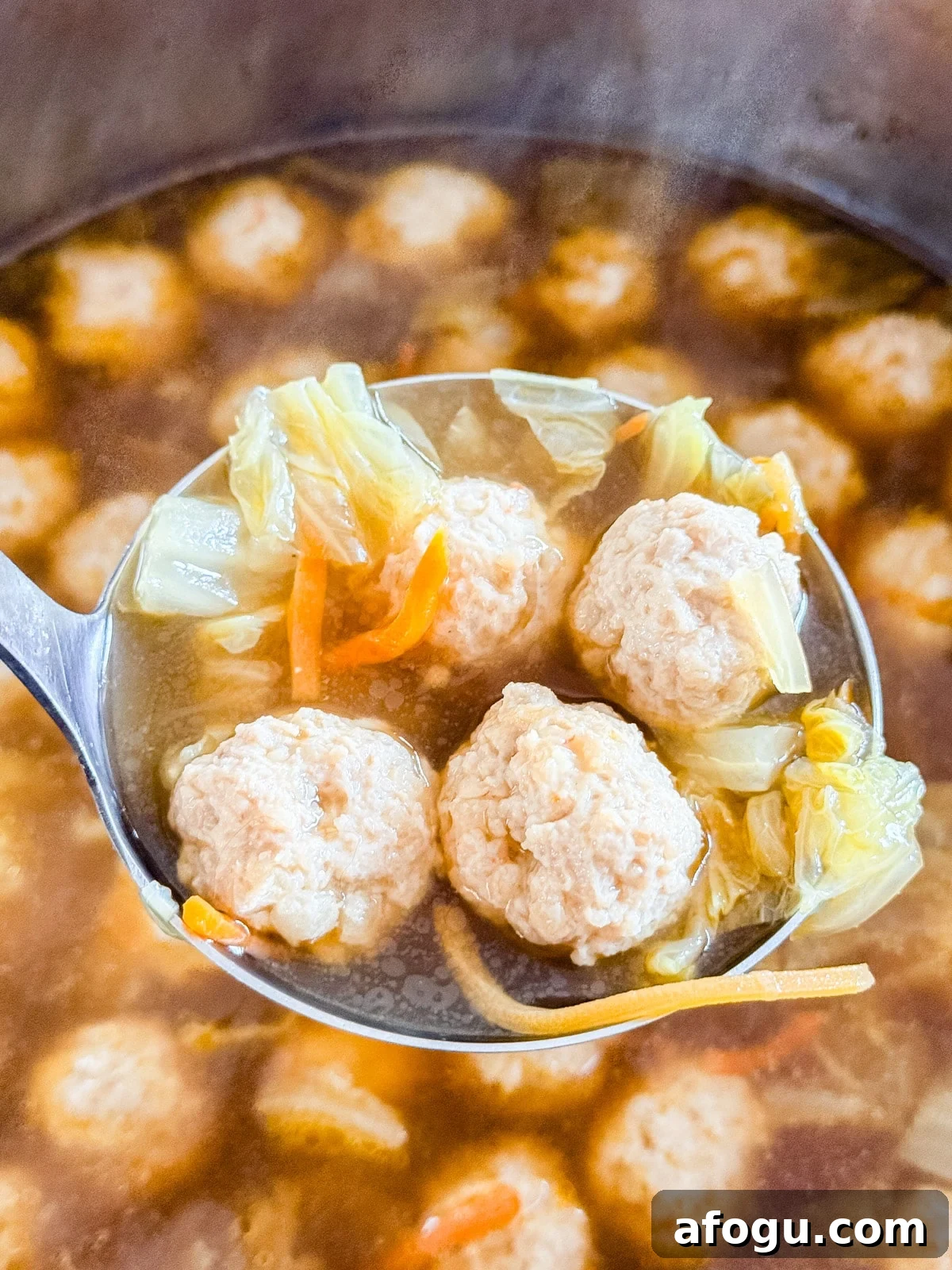 Asian Cabbage and Pork Meatball Soup Recipe 3 A ladle scooping Asian soup with meatballs and cabbage