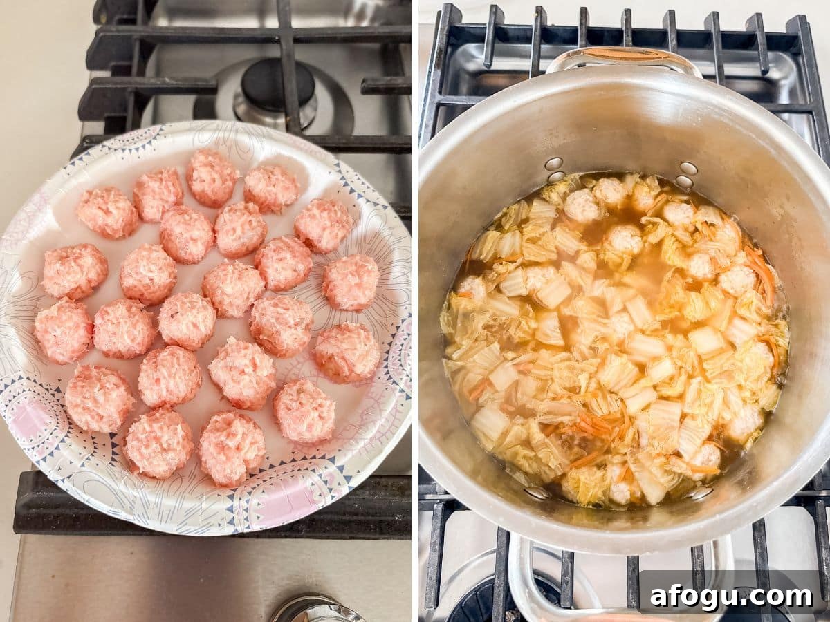 Asian Cabbage and Pork Meatball Soup Recipe 7 Meatballs rolled and on a plate and then added tot the broth to cook.