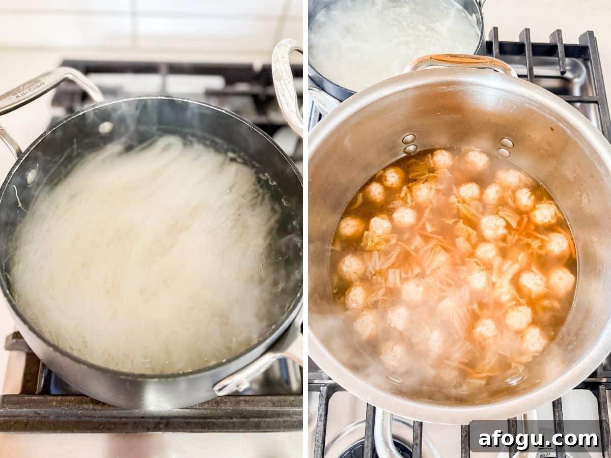 Asian Cabbage and Pork Meatball Soup Recipe 8 Vermicelli boiling in a pot and then the soup once the meatballs have risen to the top.
