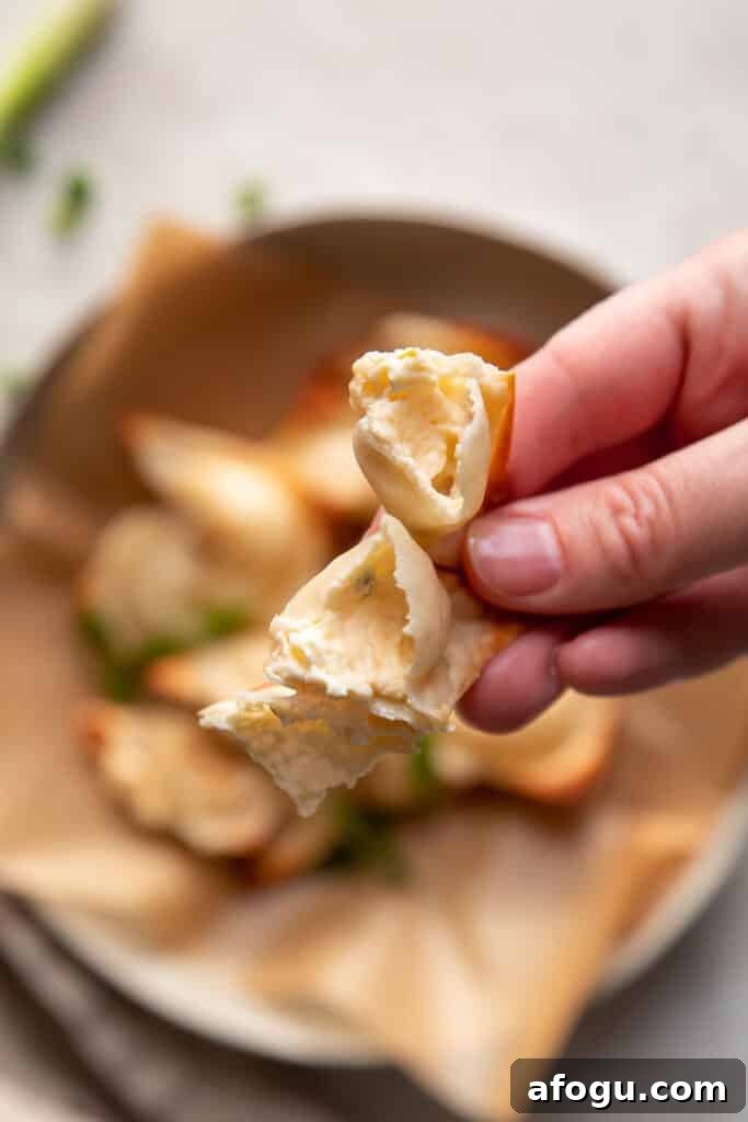 Crispy Baked Cream Cheese Wontons Recipe 3 cream cheese wontons in a bowl with green onions on top