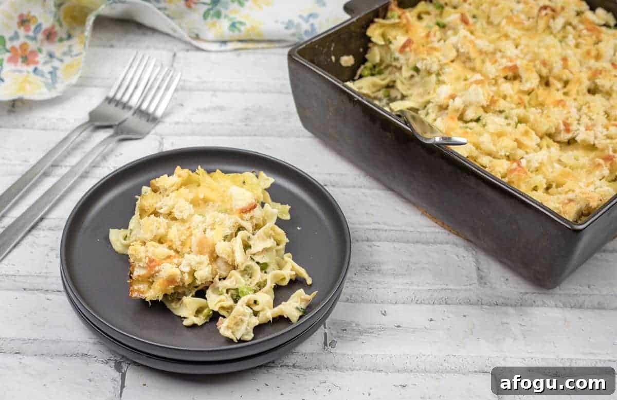 A plate of tuna noodle casserole with more in a baking dish nearby.