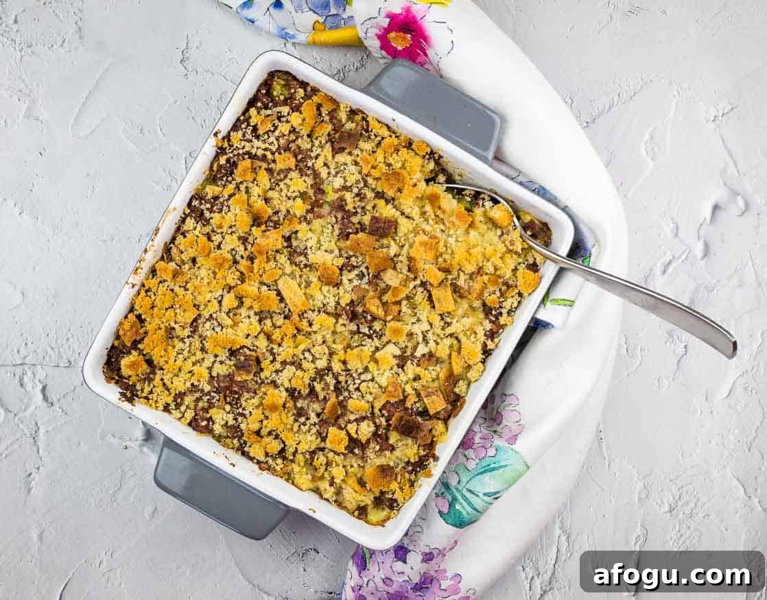 Corned Beef Hash Casserole in a square baking dish.