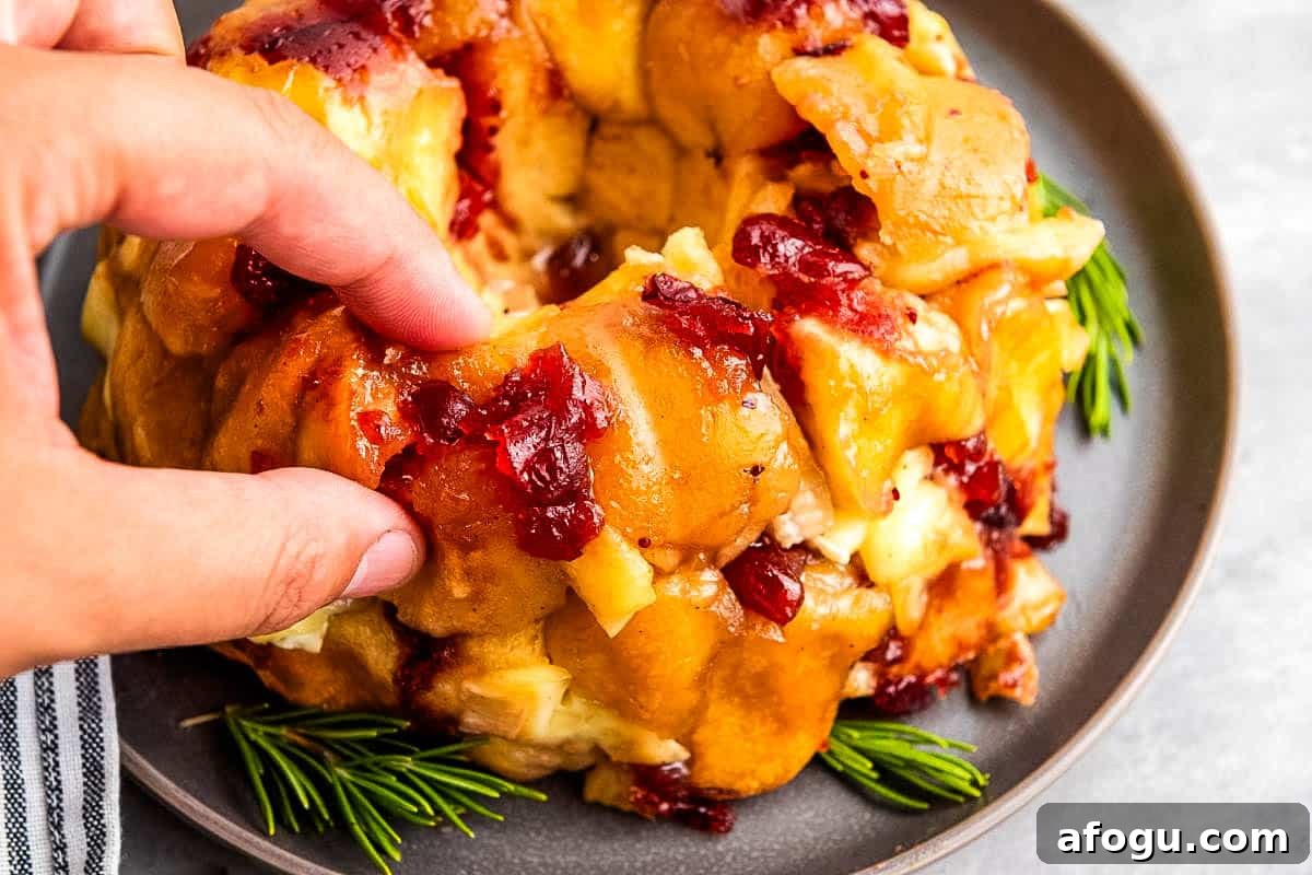 A hand pulls apart a Mini Cranberry-Brie Pull-Apart Bread garnished with rosemary, on a gray plate.