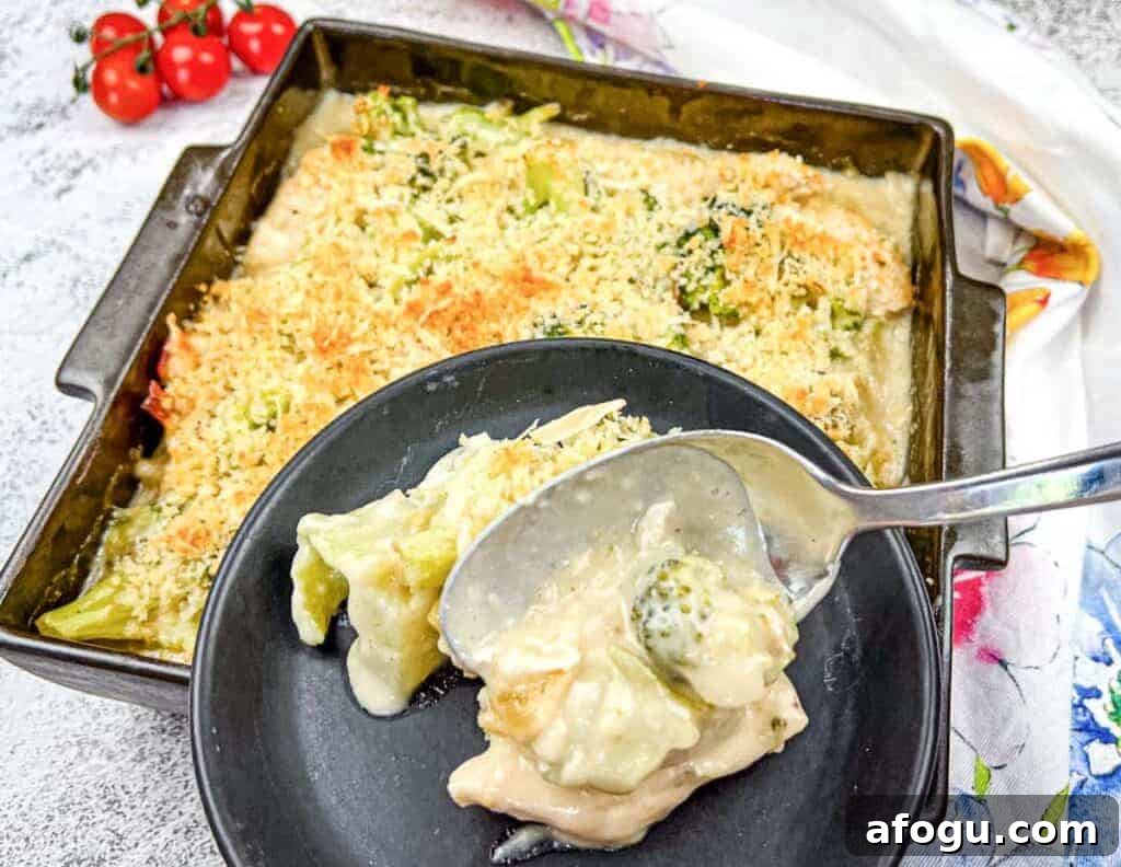 A serving of Turkey Divan from a baking dish onto a black plate.
