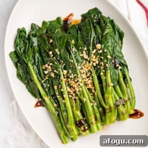 Plate of stir fried Chinese Broccoli with oyster sauce and fried garlic.