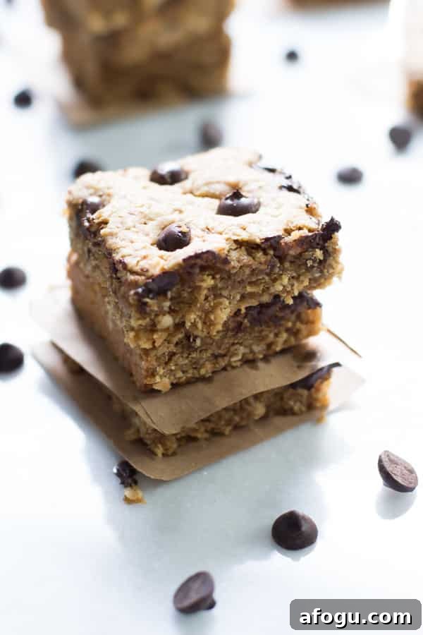 Close up of three Peanut Butter Chocolate Chip Bars 