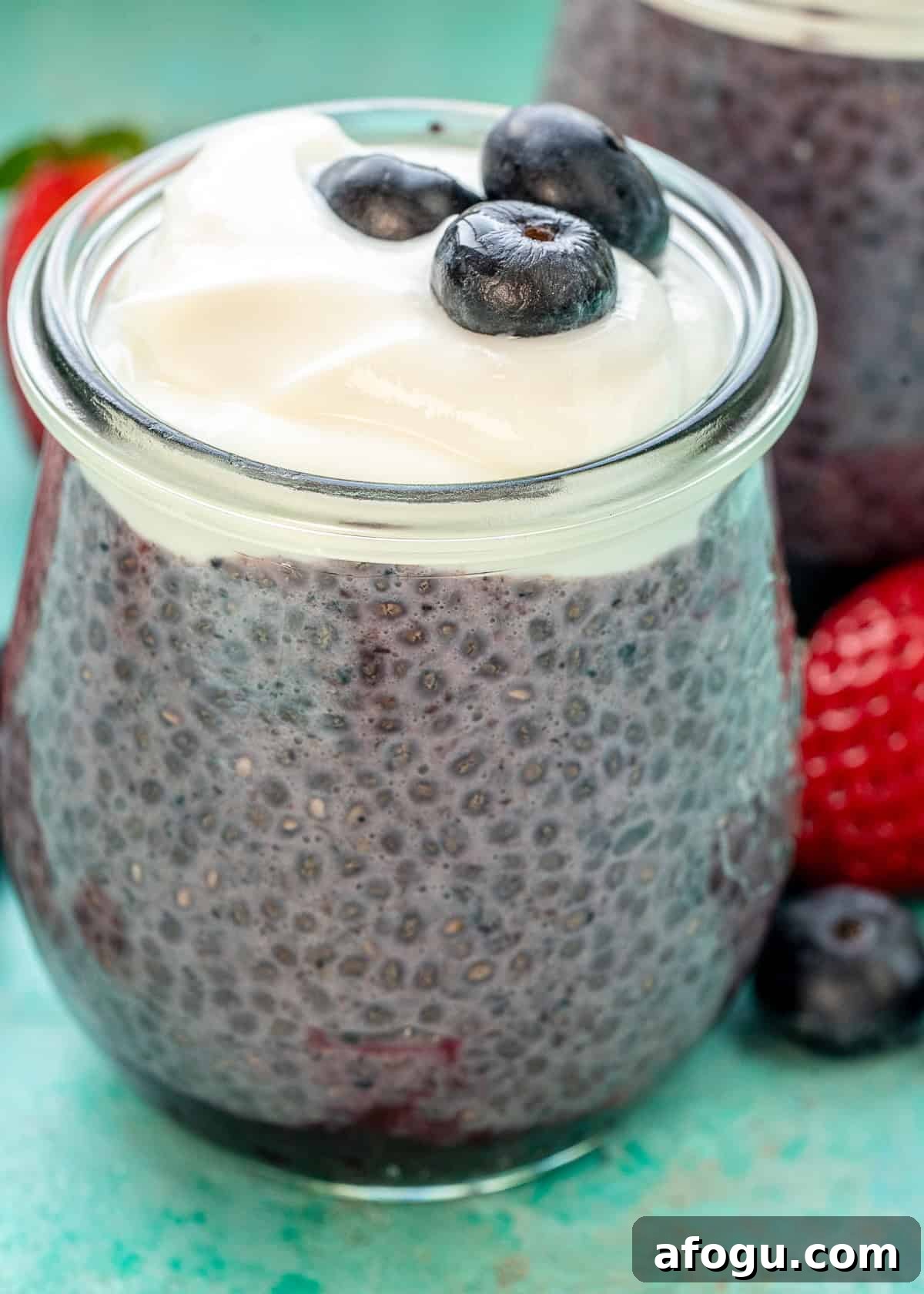 creamy Greek yogurt over wholesome chia pudding and blueberry sauce, garnished with blueberries