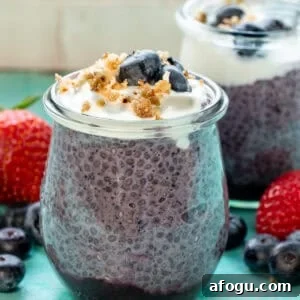 two jars of blueberry chia pudding on a counter surrounded with fruit