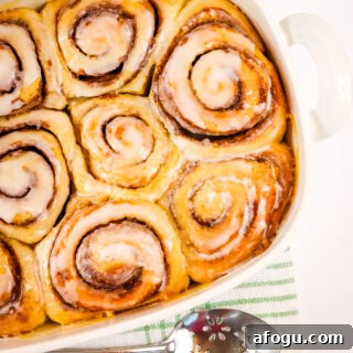 overhead view of white pan of viral tiktok cinnamon rolls