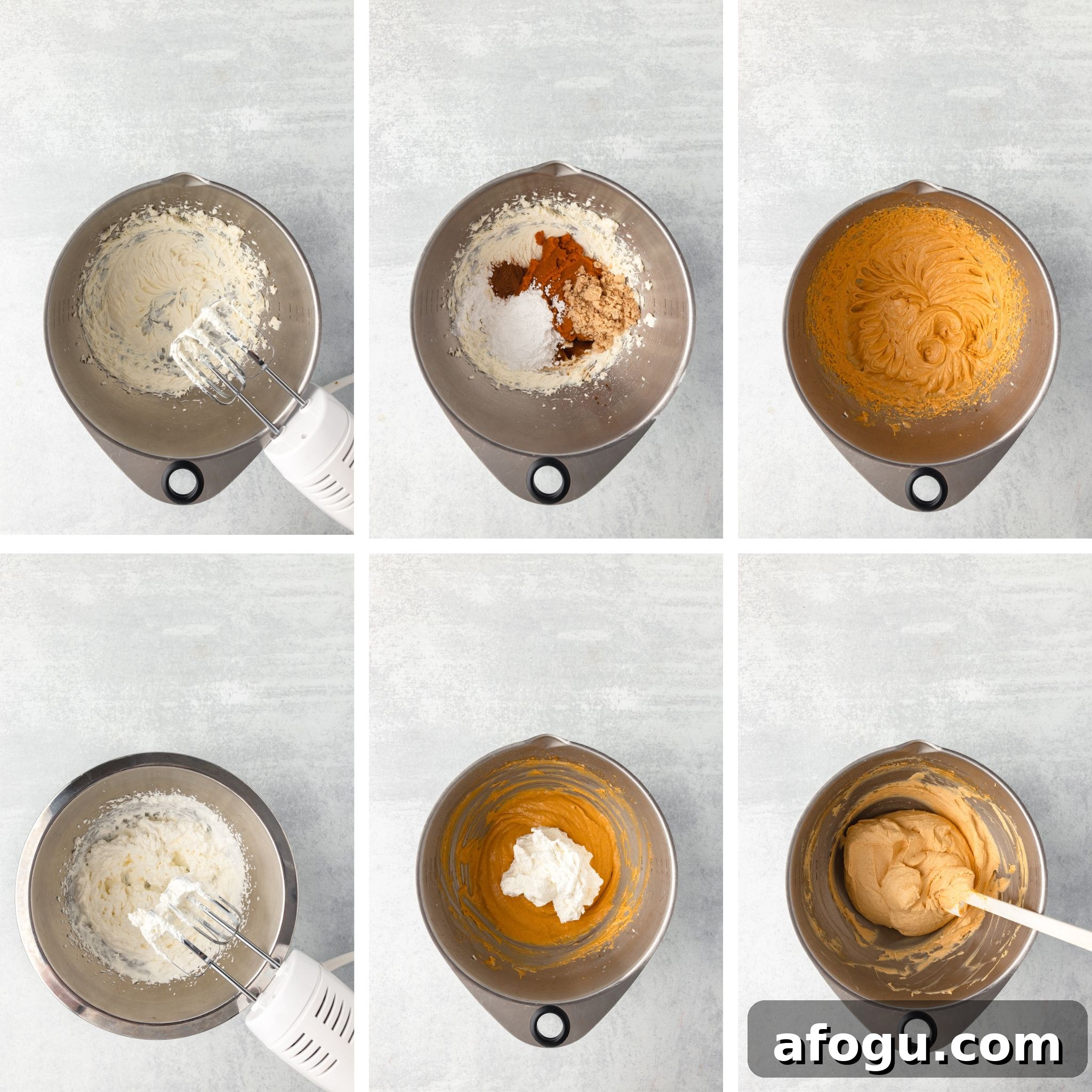 Six-panel image showing step-by-step how to make pumpkin pie dip.