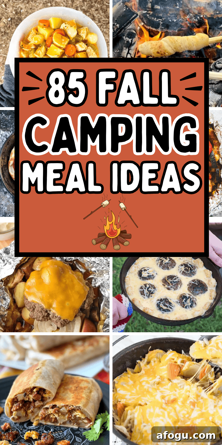 Easy fall camping meals and food ideas! These fun fall campfire dinners, breakfast ideas, snacks, and desserts will complete your fall camping trip menu. Camping meal planning is easy with these fall camping recipes dinners, fall camping meals make ahead, camping food list, fall camping necessities, fall camping ideas food, fall camping meal ideas for tent, camper, or fall rv camping recipes. Campfire meals, cozy fall camping aesthetic, easy fall camping meals dinners, outdoor camping must haves