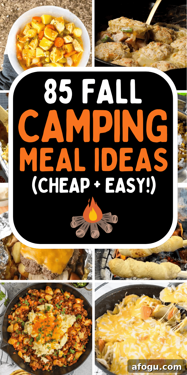 Easy fall camping meals and food ideas! These fun fall campfire dinners, breakfast ideas, snacks, and desserts will complete your fall camping trip menu. Camping meal planning is easy with these fall camping recipes dinners, fall camping meals make ahead, camping food list, fall camping necessities, fall camping ideas food, fall camping meal ideas for tent, camper, or fall rv camping recipes. Campfire meals, cozy fall camping aesthetic, easy fall camping meals dinners, outdoor camping must haves