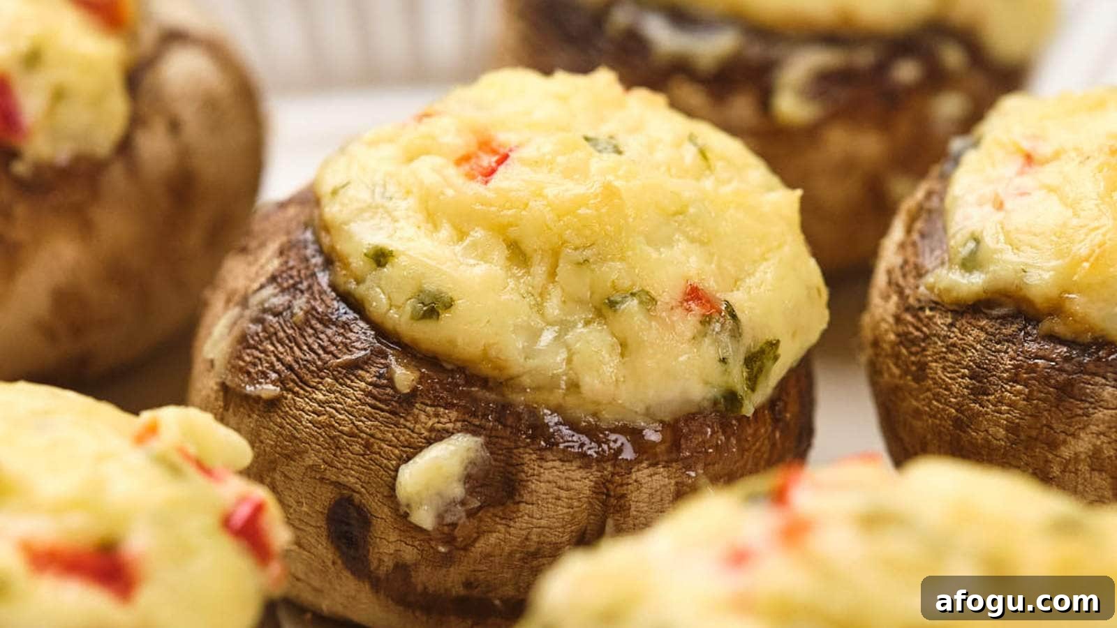Stuffed mushrooms topped with cream cheese, garnished with herbs and red pepper bits.