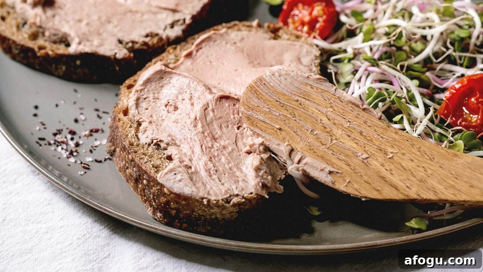 Two slices of bread with chicken liver spread on a grey plate, with a wooden knife resting on one slice.
