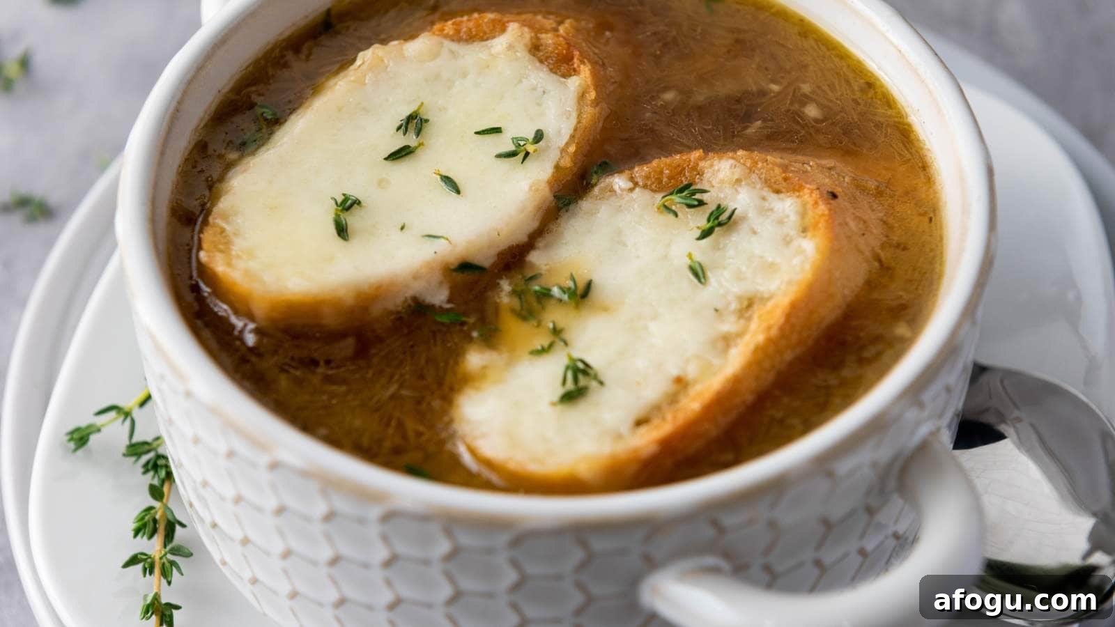 French onion soup topped with two slices of baguette and melted cheese.