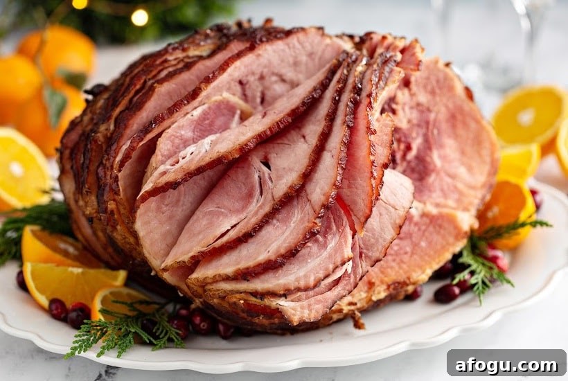sliced honey baked hame on a white platter with orange wedge garnishes.