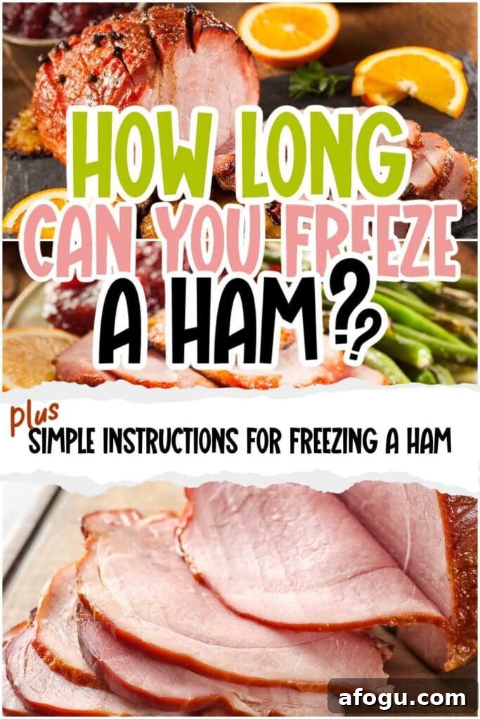 two photo collage of sliced hams with vegetables and text overlay.