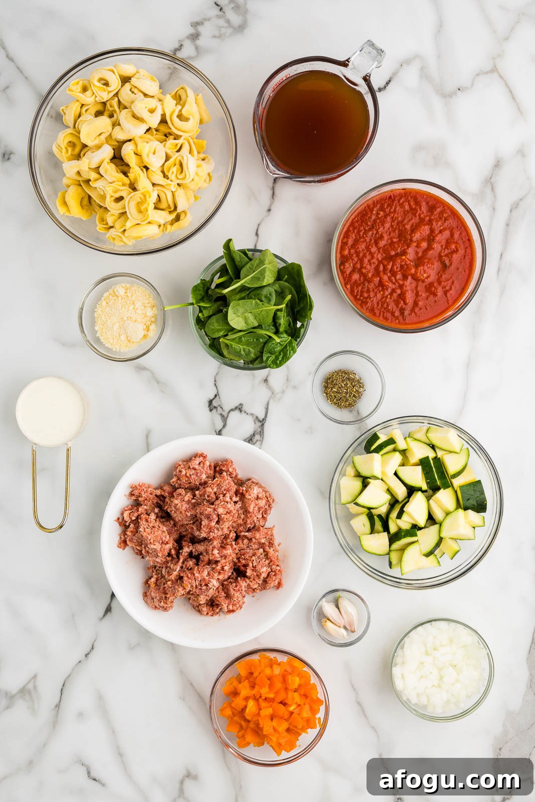 tortellini soup ingredients to include bowls of tortellini, beef broth, marinara sauce, baby spinach, parmesan cheese, heavy cream, ground Italian sausage, seasoning, diced zucchini, diced carrots, cloves of garlic, diced onion