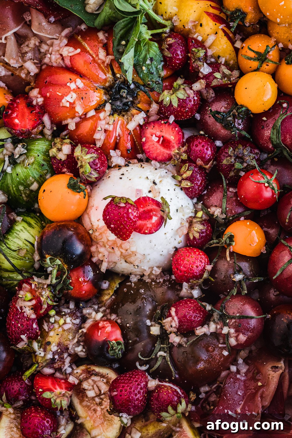 Summer Salad Recipe That Keeps Giving All Season Long 4 Summer salad with tomatoes, peaches, figs, prosciutto and burrata.