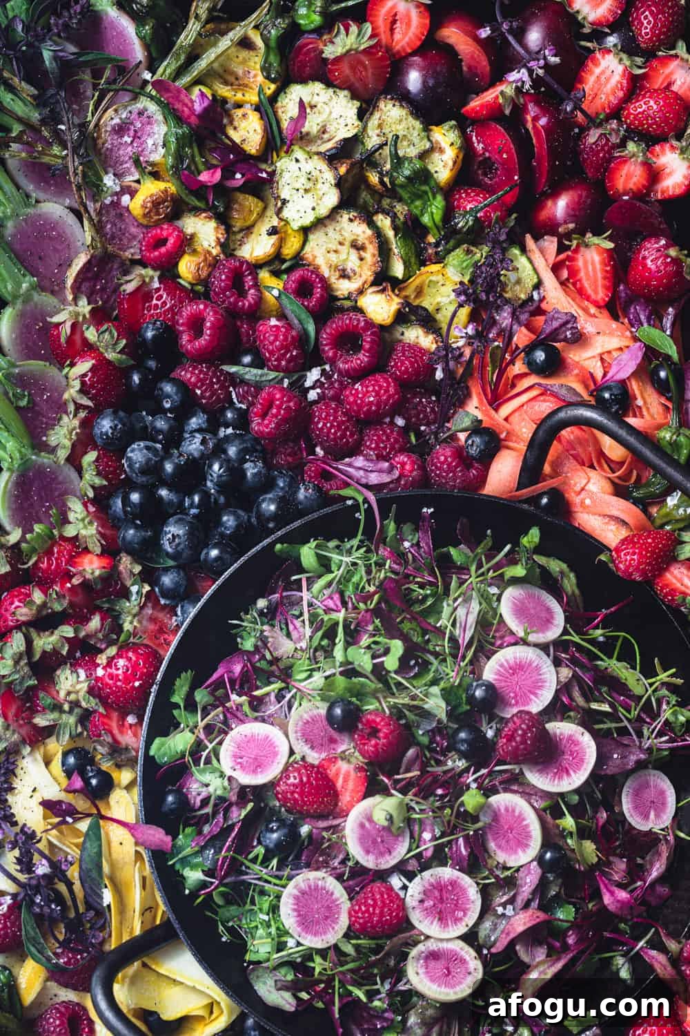 Summer Salad Recipe That Keeps Giving All Season Long 5 Summer fruit and veggie salad! There's berries, stone fruit, radishes, summer squash, greens and more arranged on a tray. Overhead shot.