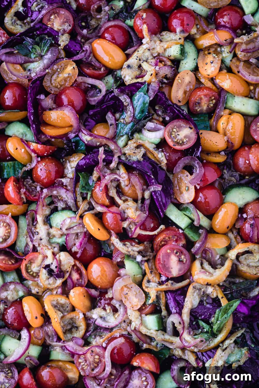 Summer Salad Recipe That Keeps Giving All Season Long 10 roasted lemon summer salad flatlay with cherry tomatoes, cucumbers, purple cabbage, pickled red onion and basil.