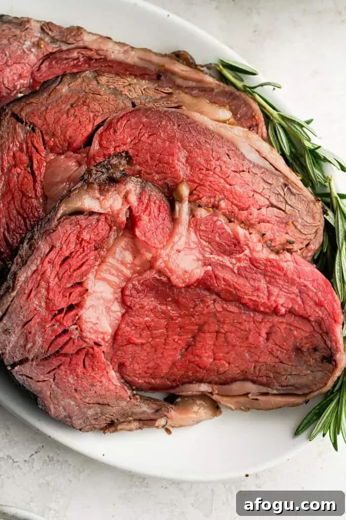 close up view of a platter of prime rib roast