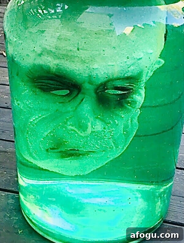 Finished head in a jar with water tinted with green food coloring.