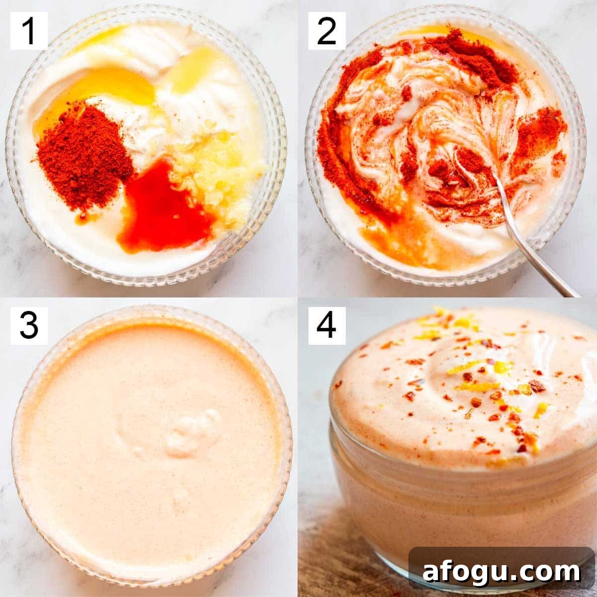 Four numbered images in order showing sour cream in a jar with spices on top, then being mixed in, then mixed in, then in a jar with herbs on top.