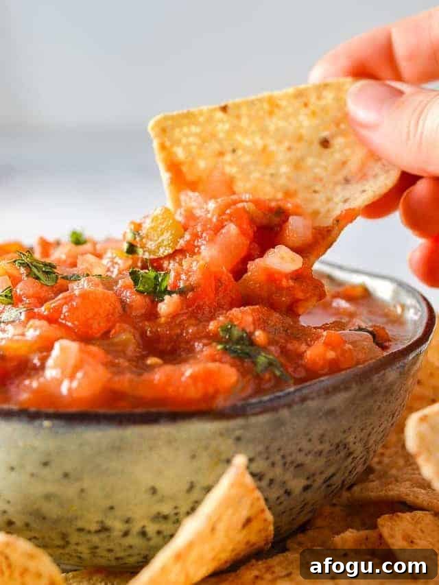 A tortilla chip being dipped into salsa.