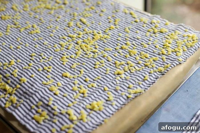 DIY Beeswax Food Wraps: Step-by-Step Guide for Reusable Wraps 6 beeswax pellets sprinkled on fabric on parchment paper to make beeswax wraps