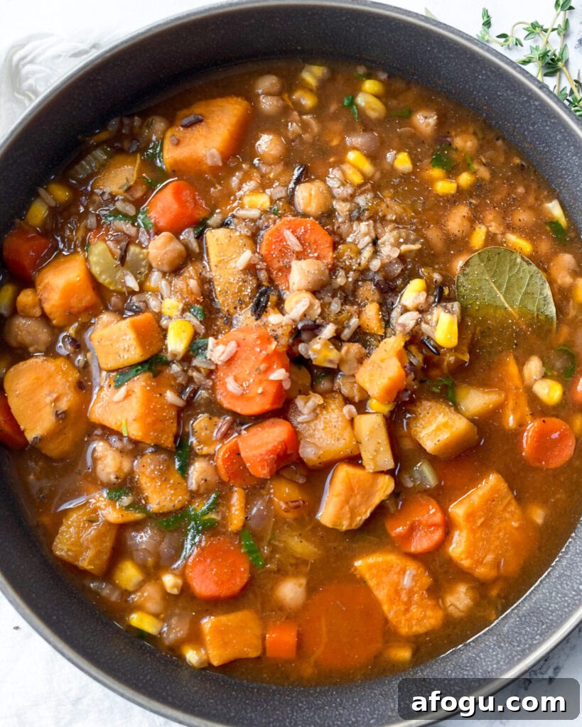 Overhead closeup of wild rice soup with autumn vegetables