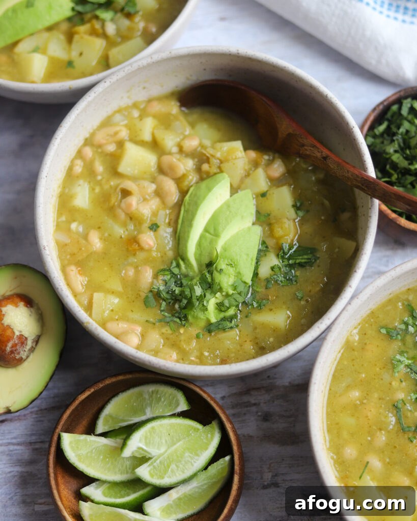 Bowl of Hatch Green Chili topped with avocado and cilantro with limes and chopped cilantro on the side