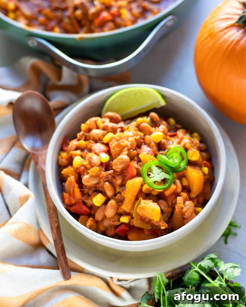 overhead view looking into a bowl of bowl of Pumpkin Chili
