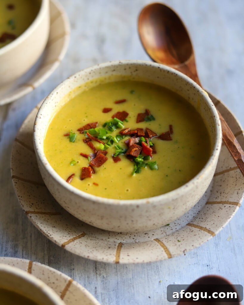 Looking into a bowl at 45 degree angle of broccoli and cheddar soup with bacon and chives on top