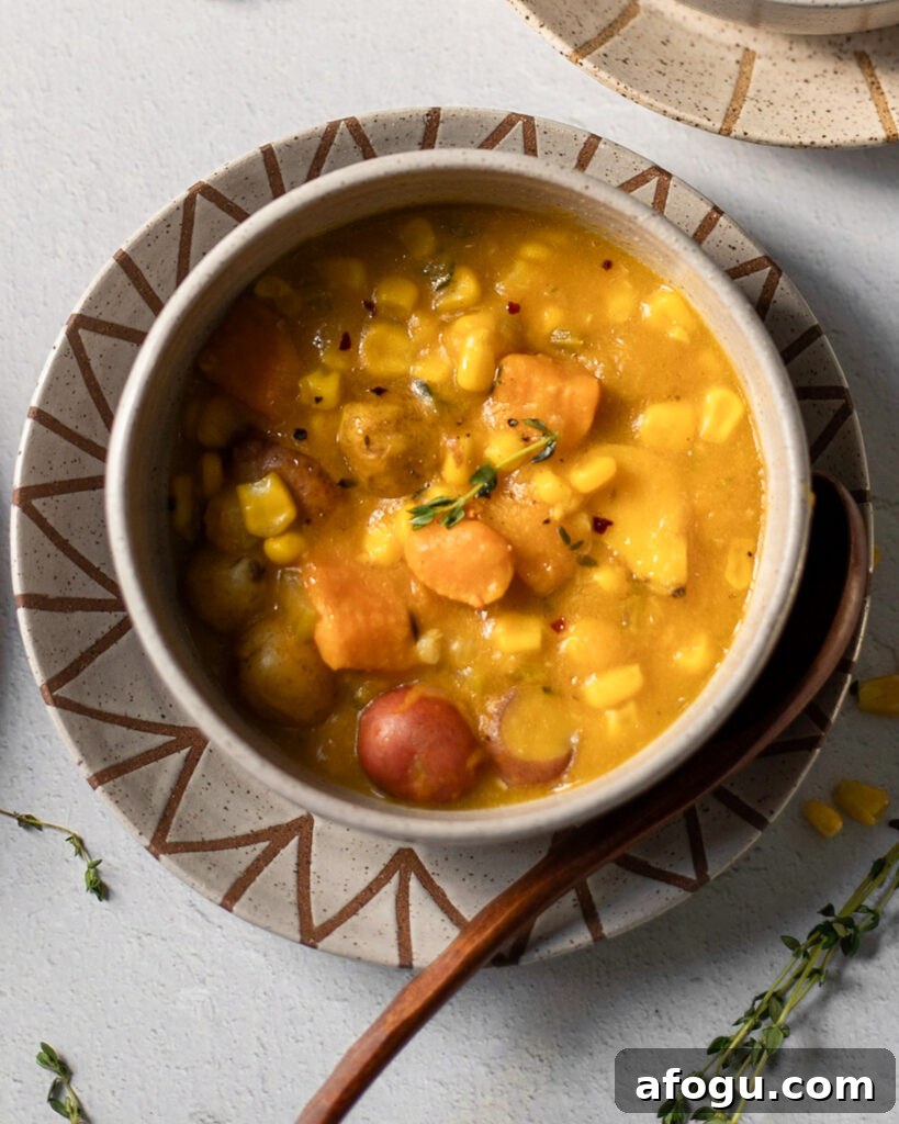 Close up view of Vegan Corn Chowder in a bowl